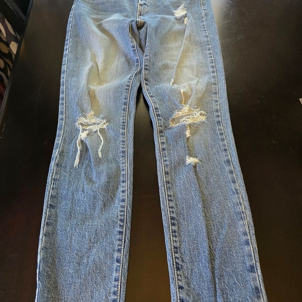 Oasis by Eunina Distressed Straight Blue Stretch Denim Jeans